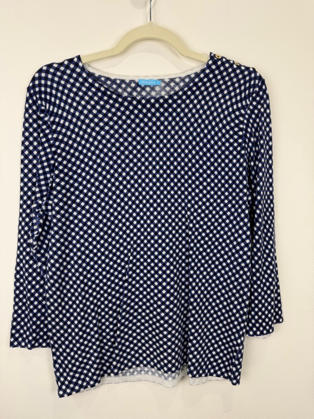 McLaughlin Blue Gingham Knit Top Gold Button Shoulder Cottagecore S